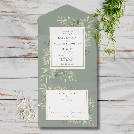 Invitation Tout En Un Verdure botanique Monogramme Sage Mariage vert