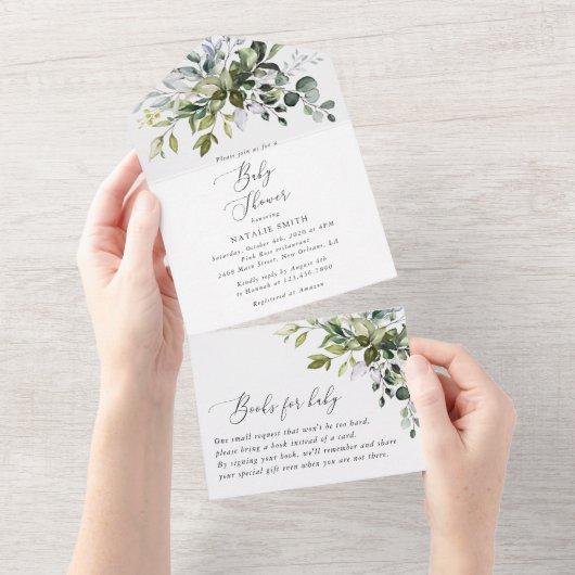 Invitation Tout En Un Verdure, Eucalyptus Feuilles, Boho, Baby shower (Déchirure)