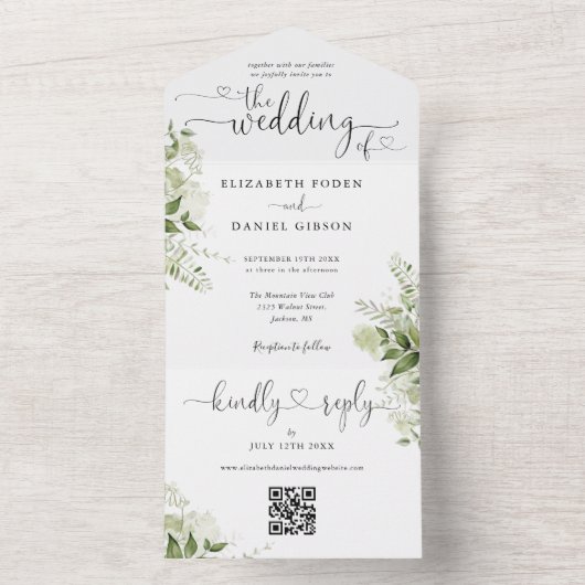 Invitation Tout En Un Verdure Floral Script Hearts QR Code Mariage (À l'intérieur)