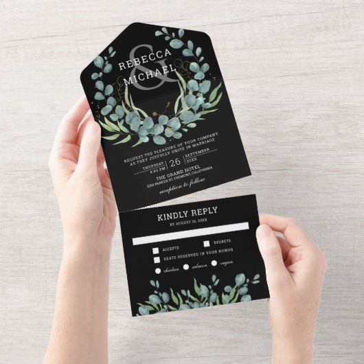 Invitation Tout En Un Verdure rustique Eucalyptus Wreath Mariage noir (Déchirure)