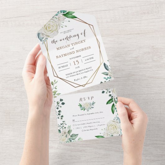 Invitation Tout En Un Verdure Sage Vert & Blanc Roses Gold Frame (Déchirure)