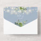 Invitation Tout En Un Verdure String Lumières Dusty Blue Mariage (Verso)
