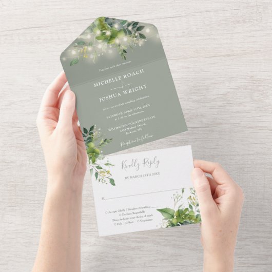 Invitation Tout En Un Verdure String Lumières Sage Green Mariage (Déchirure)