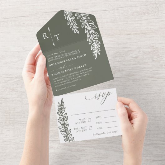 Invitation Tout En Un Vert blanc olive Mariage monogramme (Déchirure)