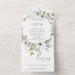 Invitation Tout En Un Vert clair | Floral Blanc Calligraphique Mariage