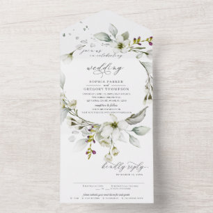 Invitation Tout En Un Vert clair Floral Blanc Calligraphique Mariage