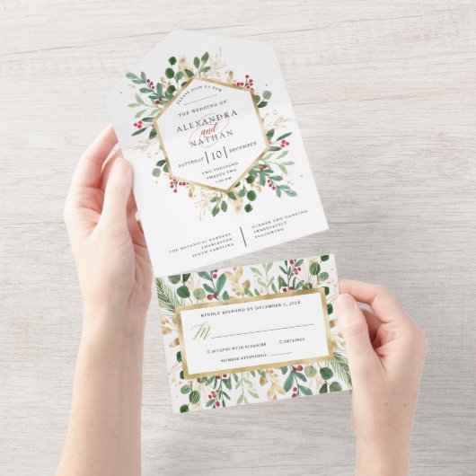 Invitation Tout En Un Vert doré sur blanc | Mariage de Noël (Déchirure)