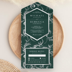 Invitation Tout En Un Vert émeraude argenté pailleté tourbillon mariage