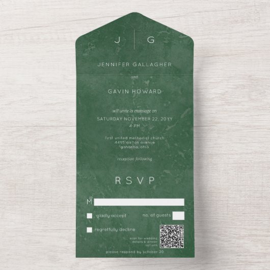Invitation Tout En Un Vert émeraude foncé minimal QR moderne (À l'intérieur)