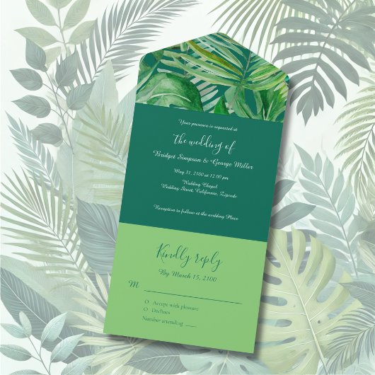 Invitation Tout En Un vert émeraude mariage tropical