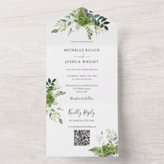 Invitation Tout En Un Vert Floral QR Code Élégant Monogramme Mariage (À l'intérieur)