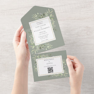 Invitation Tout En Un Vert Floral QR Code Sage Vert Mariage