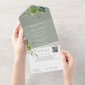 Invitation Tout En Un Vert Floral QR Code Sage Vert Mariage (Déchirure)