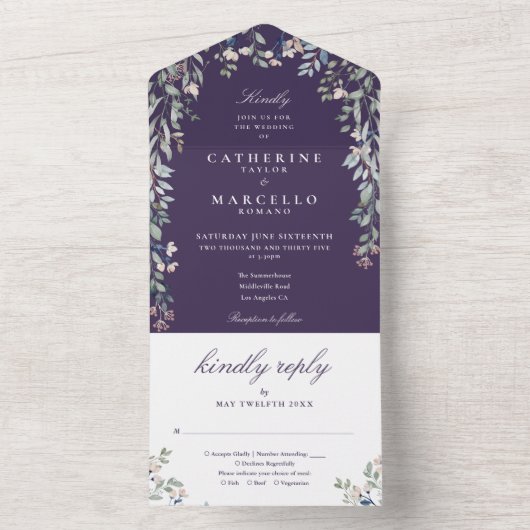 Invitation Tout En Un Vert Floral Violet Cascade Mariage (À l'intérieur)