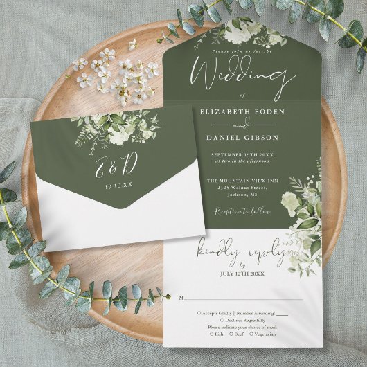 Invitation Tout En Un Vert olive vert verdure Floral Monogramme Mariage