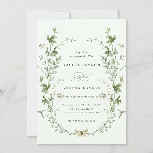 Invitation Tout en un vert pâle Élégant Mariage Fleur sauvage (Devant)