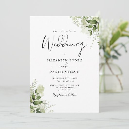 Invitation Tout en un vert rustique Mariage Feuille (Debout devant)