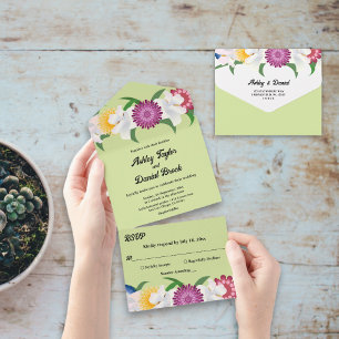 Invitation Tout En Un Vert sage Summer Boho Élégant Mariage floral