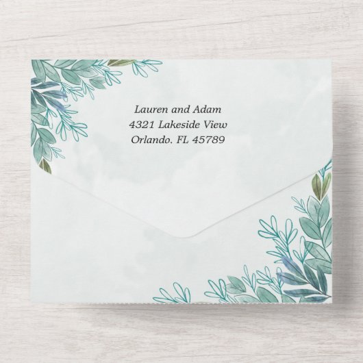 Invitation Tout En Un Vert Sage Vert Aquarelle Mariage de feuillage (Verso)