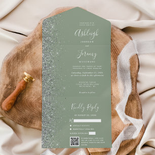 Invitation Tout En Un Vert sauge Argent Paillettes Code QR Mariage