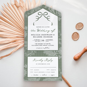 Invitation Tout En Un Vert sauge blanc dentelle coquette noeud mariage