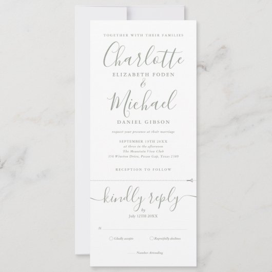 Invitation Tout En Un Vert Sauge Élégant Mariage Script (Devant)