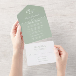 Invitation Tout En Un Vert Sauge Mariage Classique Élégant