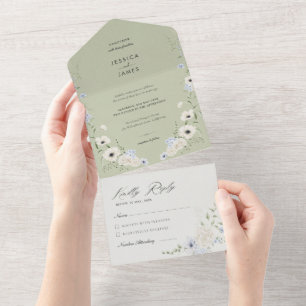 Invitation Tout En Un Vert sauge RSVP détachable Mariage minimaliste