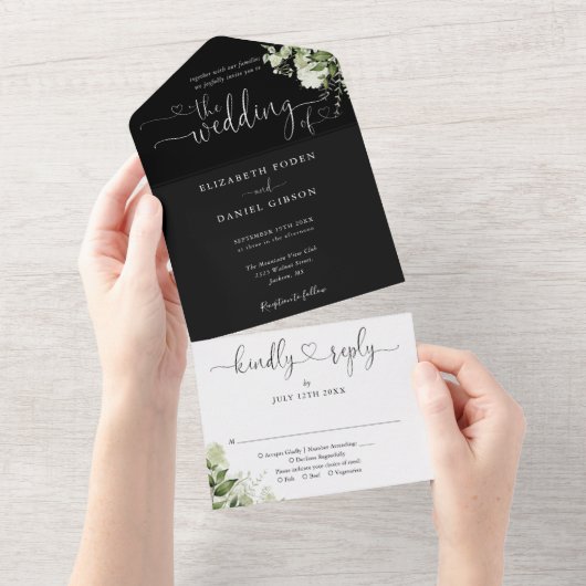 Invitation Tout En Un Vert Script Cœurs Mariage Noir Et Blanc (Déchirure)