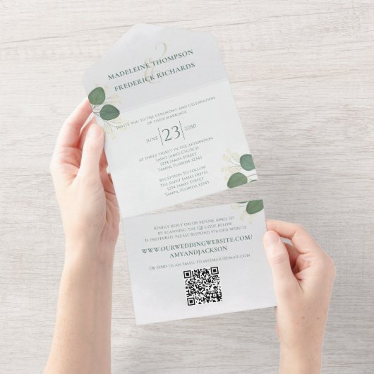 Invitation Tout En Un Vert simple moderne | QR Code RSVP (Déchirure)
