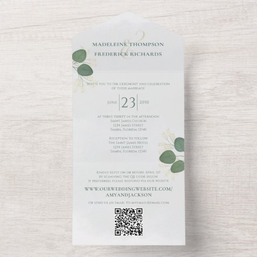 Invitation Tout En Un Vert simple moderne | QR Code RSVP (À l'intérieur)