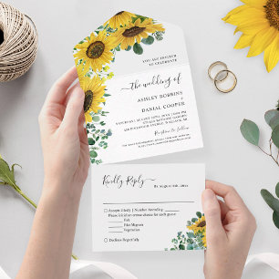 Invitation Tout En Un Vert Tournesol clair Mariage Eucalyptus