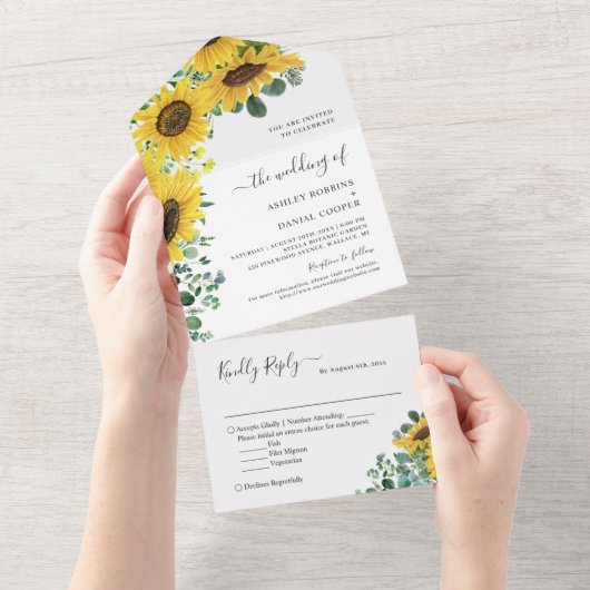 Invitation Tout En Un Vert Tournesol clair Mariage Eucalyptus (Déchirure)