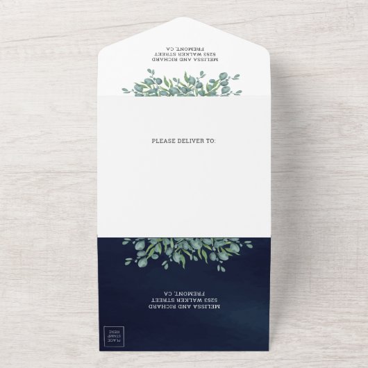 Invitation Tout En Un Vert verdoyant Eucalyptus Feuille Mariage bleu mar (Dehors)