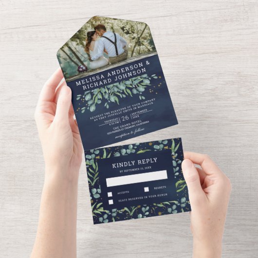 Invitation Tout En Un Vert verdoyant Eucalyptus Feuille Mariage bleu mar (Déchirure)