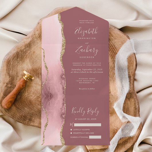 Invitation Tout En Un Vibrer rose or Agate Dusty Rose Mariage