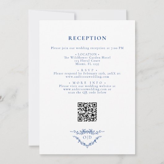 Invitation Tout en un Victorian Bleu Français Code QR Mariage (Dos)