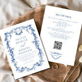 Invitation Tout en un Victorian Bleu Français Code QR Mariage