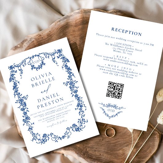 Invitation Tout en un Victorian Bleu Français Code QR Mariage