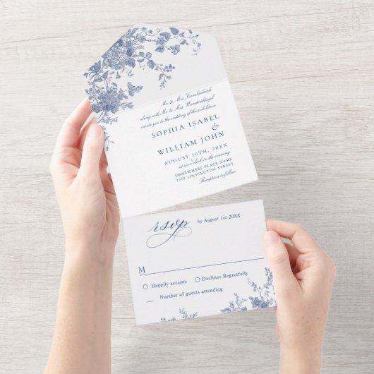 Invitation Tout En Un Victorian Dusty Blue French Garden Floral Mariage (Déchirure)