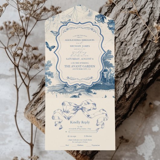 Invitation Tout En Un Victorian Dusty Blue French Toile Mariage