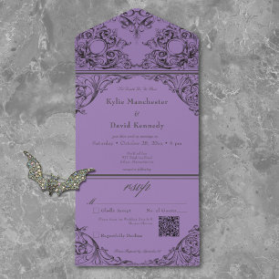 Invitation Tout En Un Victorien jusqu'à la mort Noir violet Mariage QR C