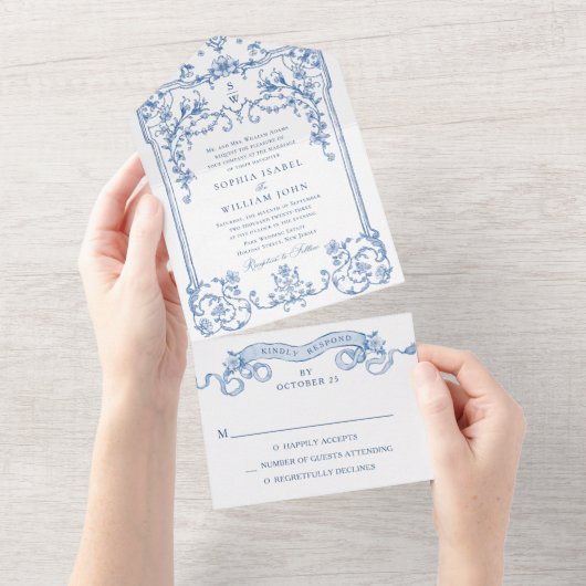Invitation Tout En Un Victorien Ornate Grace Floral Dusty Mariage bleu (Déchirure)