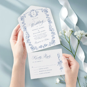 Invitation Tout En Un Victorien Ornate Grace Floral Dusty Mariage bleu