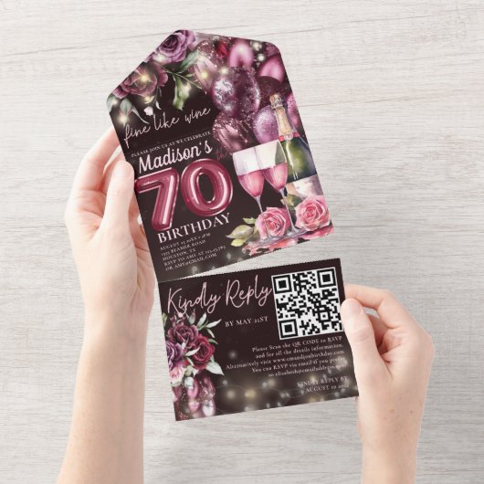 Invitation Tout En Un Vin fin 70e Anniversaire Rsvp QR Code (Déchirure)