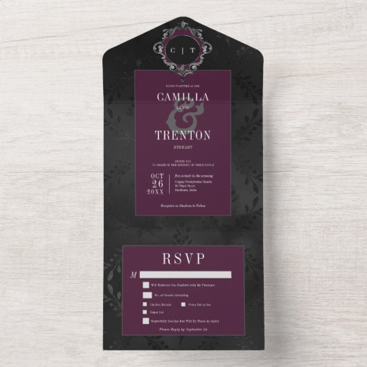 Invitation Tout En Un Vin noir gothique foncé Dîner en satin fleuri (À l'intérieur)