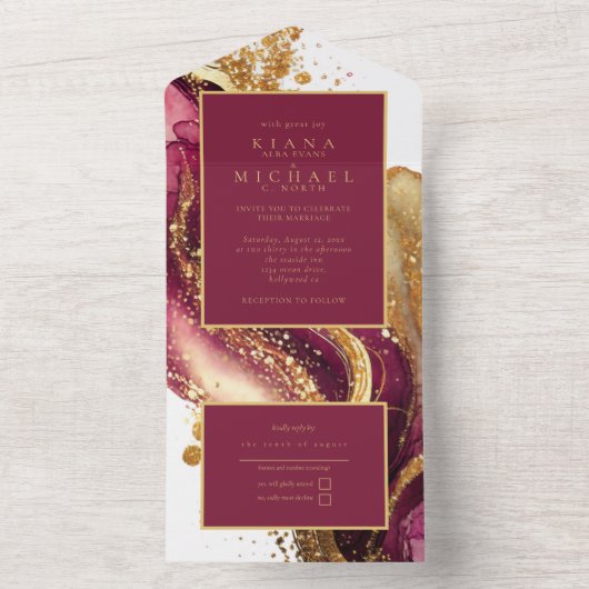 Invitation Tout En Un Vin rouge Mariage Abstrait Sparkling ID1018 (À l'intérieur)