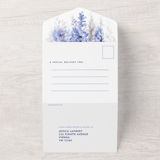 Invitation Tout En Un Vine d'aquarelle bleu foncé gris mariage d'hiver R (Dehors)