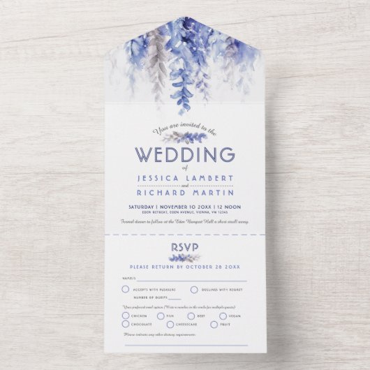 Invitation Tout En Un Vine d'aquarelle bleu foncé gris mariage d'hiver R (À l'intérieur)