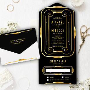 Invitation Tout En Un Vintage Cadre noir et or Foil Art Déco Mariage
